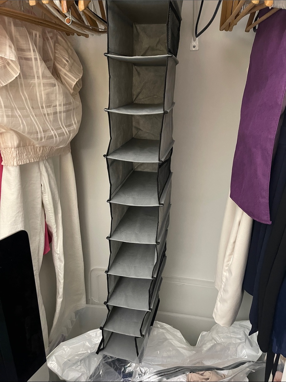 10 pocket Gray Hanging Closet Organizer - Multi-Shelf Storage